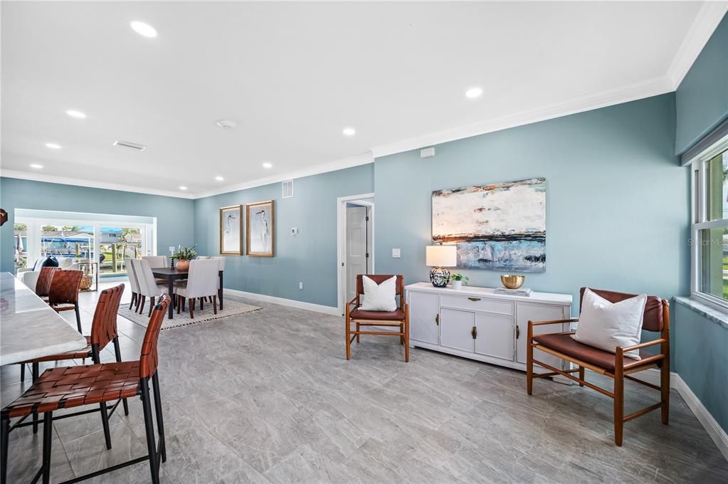 Dining room, Interior, Recessed Lighting, Wood Texture Flooring
