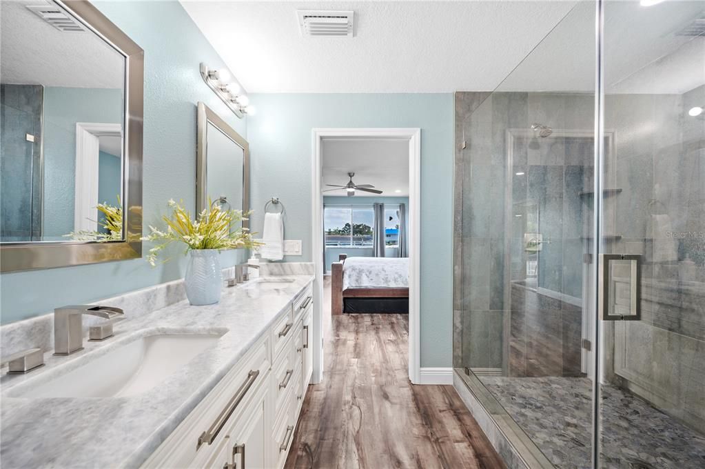 Bathroom, Dual Sink Vanities, Glass Shower, Interior, Wood Texture Flooring
