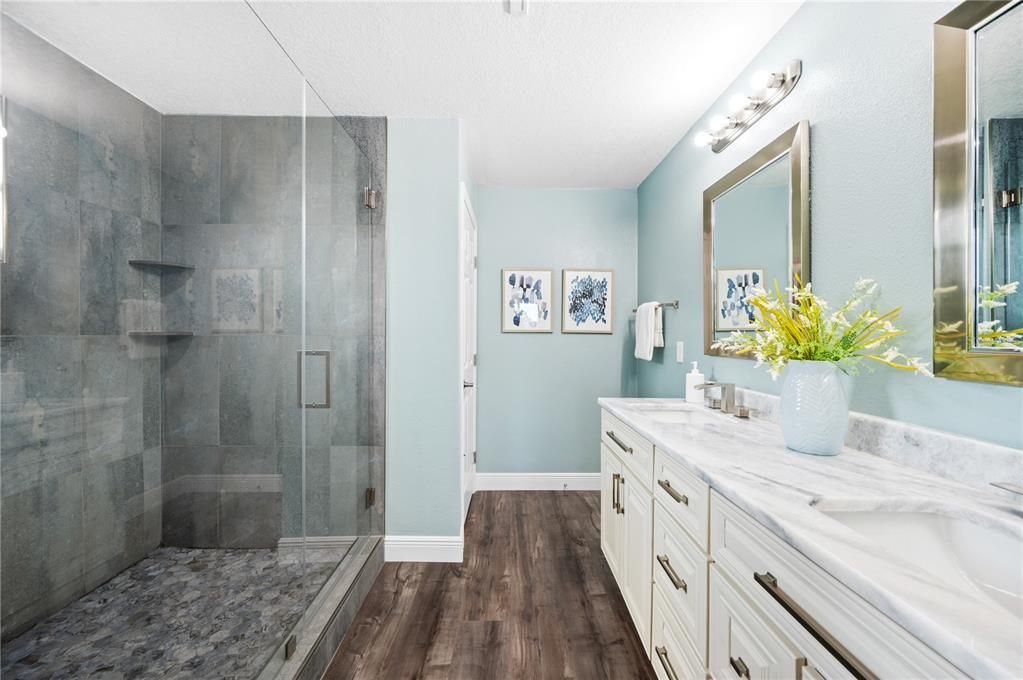 Bathroom, Dual Sink Vanities, Glass Shower, Interior, Wood Texture Flooring