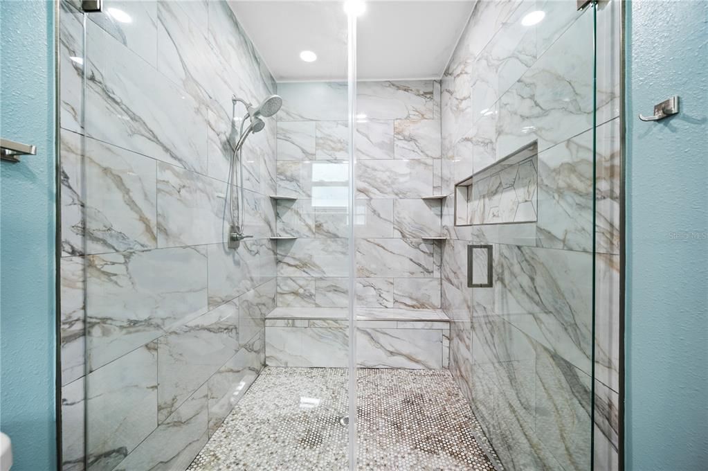 Bathroom, Glass Shower, Interior, Marble Walls, Recessed Lighting