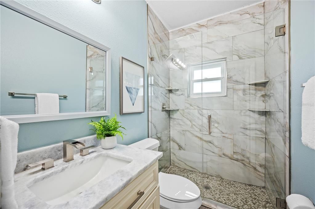 Bathroom, Glass Shower, Interior, Marble Walls