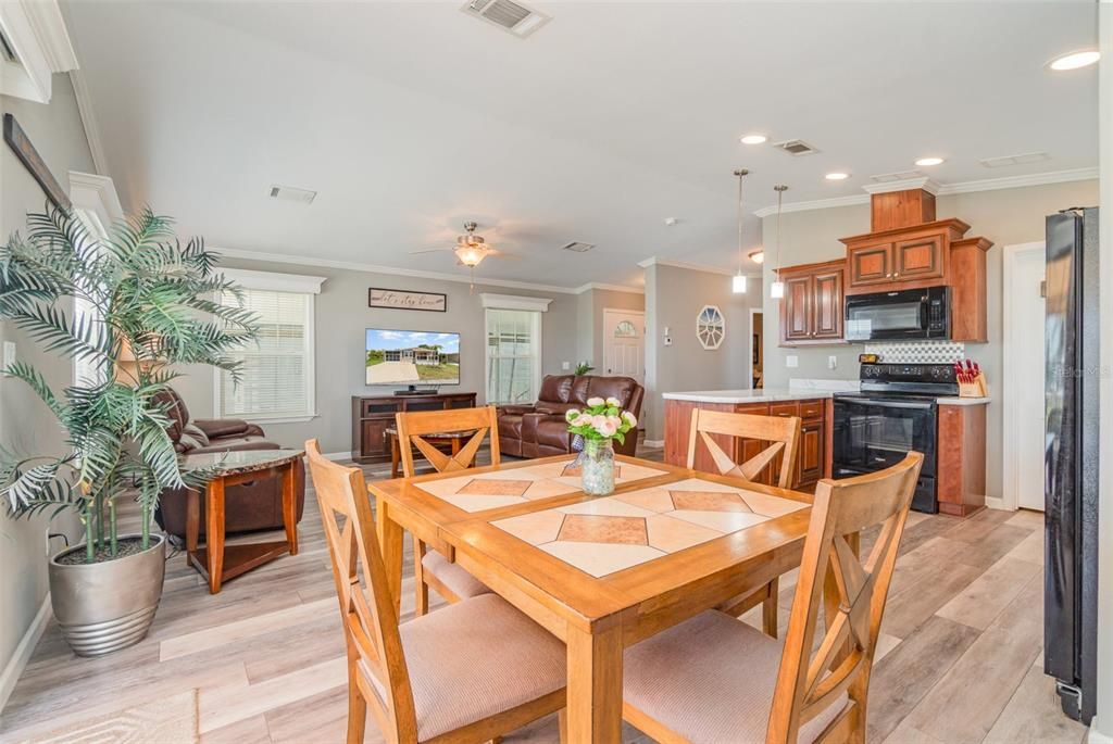 Dining room, Interior, Kitchen, Living room, Pendant Lights, Recessed Lighting, Wood Texture Flooring