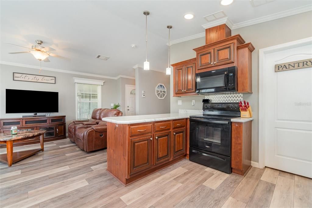 Fireplace, Interior, Kitchen, Pendant Lights, Recessed Lighting, Wood Texture Flooring