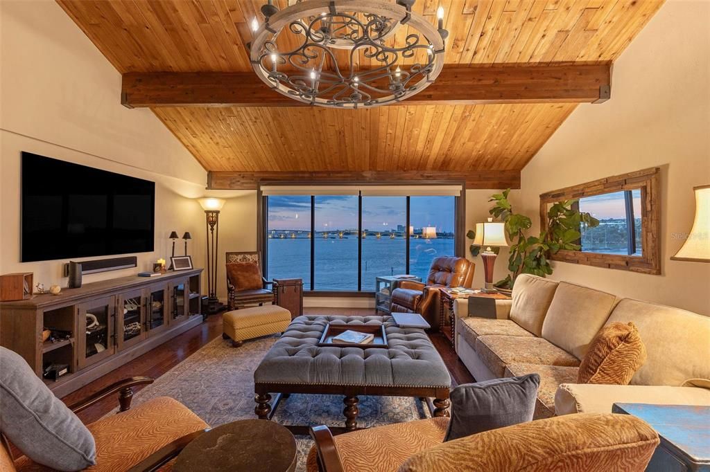 Chandelier, Interior, Living room, Water, Wooden Beams, Wooden Ceilings