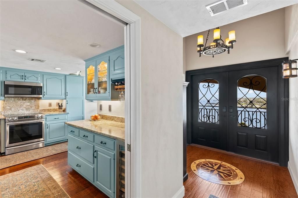 Chandelier, Interior, Kitchen, Recessed Lighting, Stainless Steel Appliances, Wood Texture Flooring