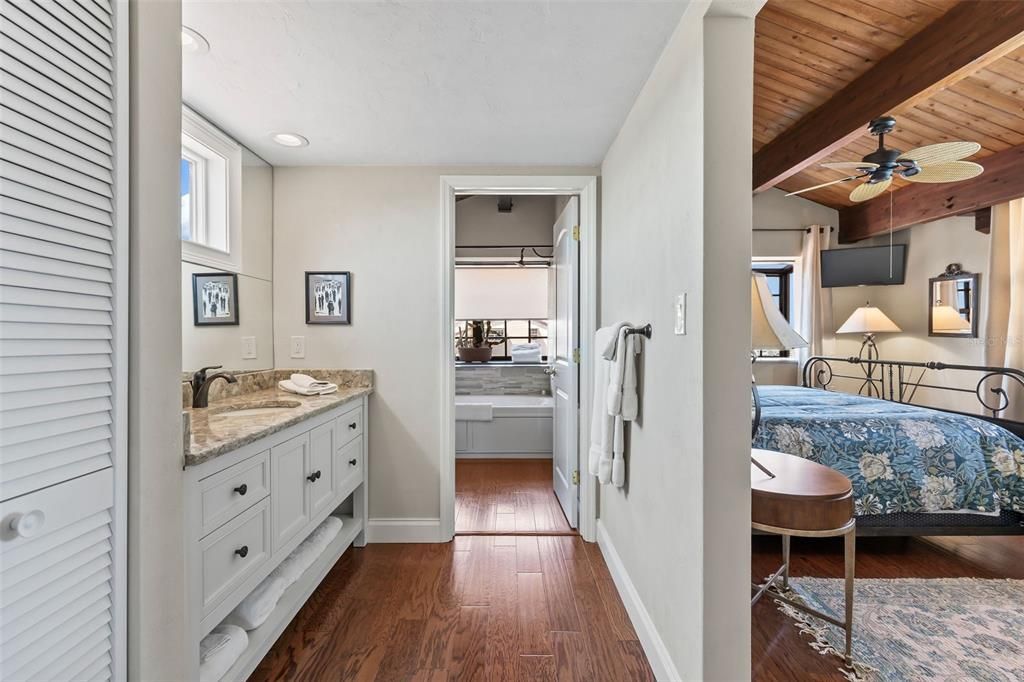 Bathroom, Bedroom, Interior, Recessed Lighting, Wooden Ceilings, Wood Texture Flooring