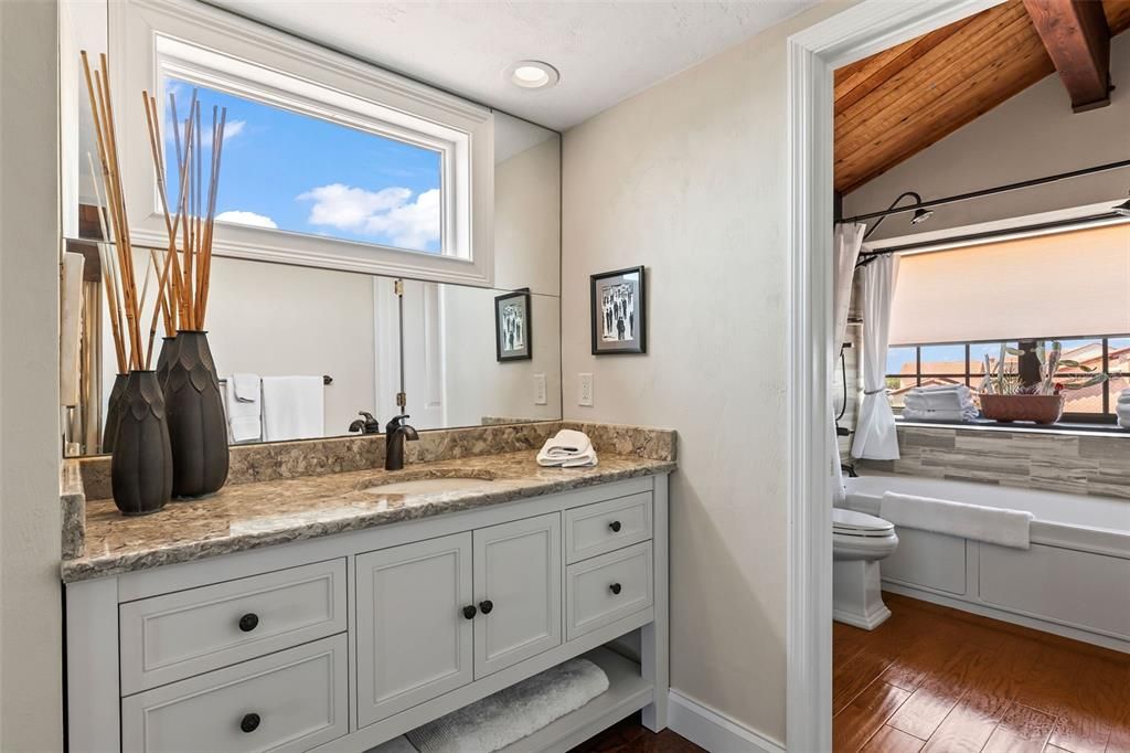 Bathroom, Interior, Recessed Lighting, Wooden Beams, Wood Texture Flooring