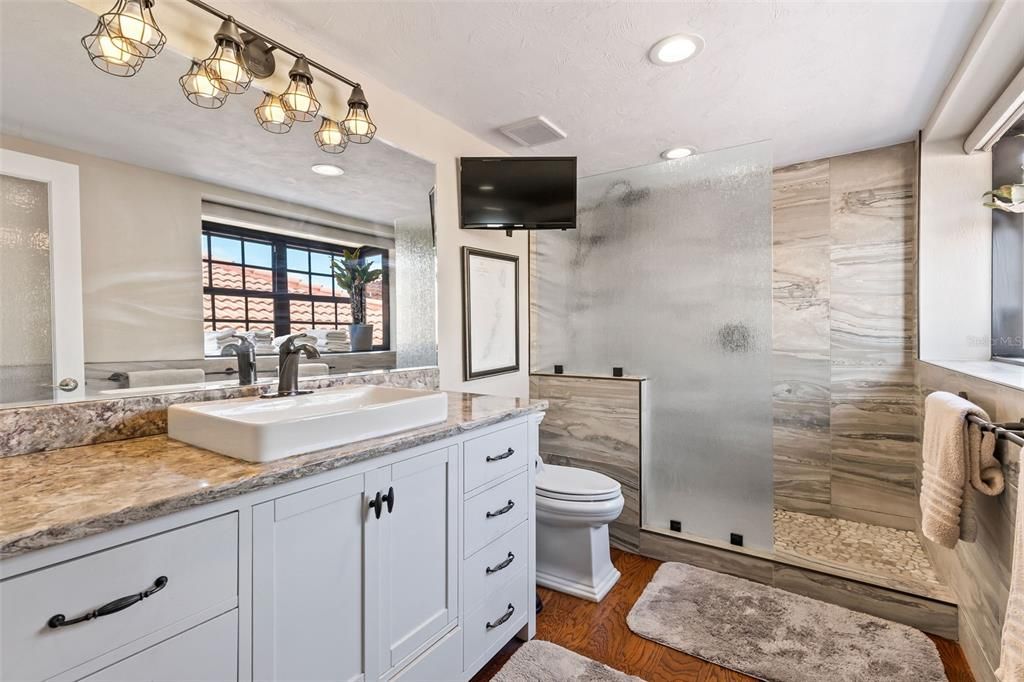 Bathroom, Interior, Recessed Lighting, Wood Texture Flooring