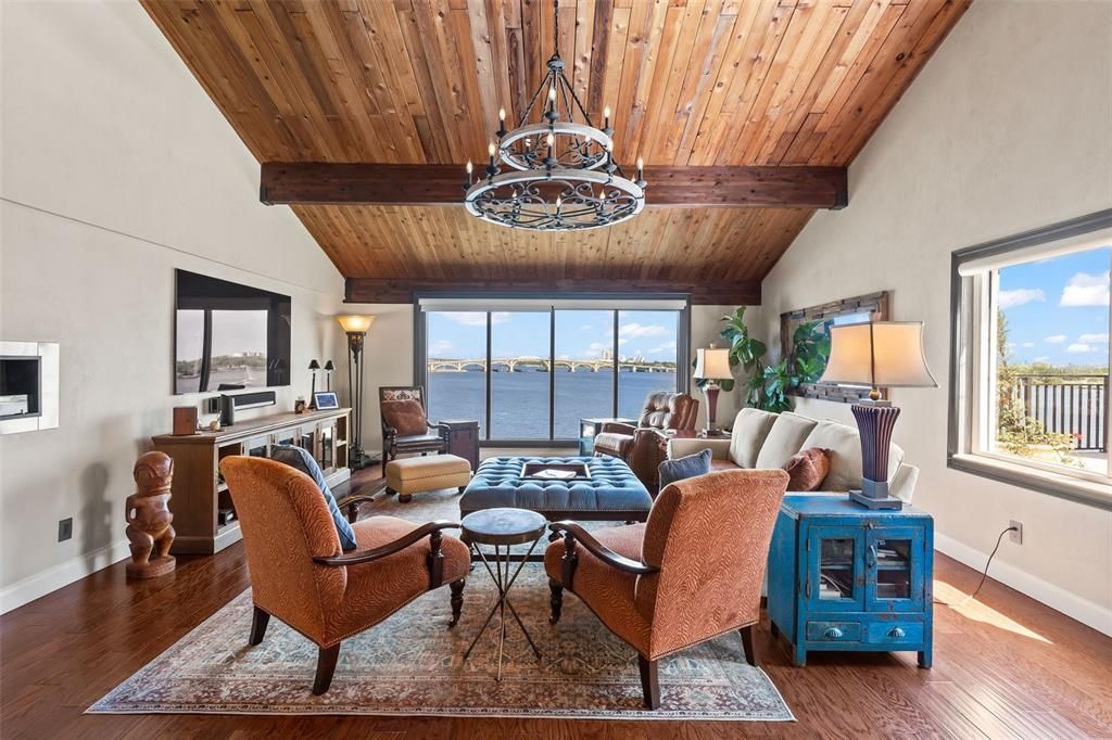Chandelier, Interior, Living room, Water, Wooden Beams, Wooden Ceilings, Wood Texture Flooring