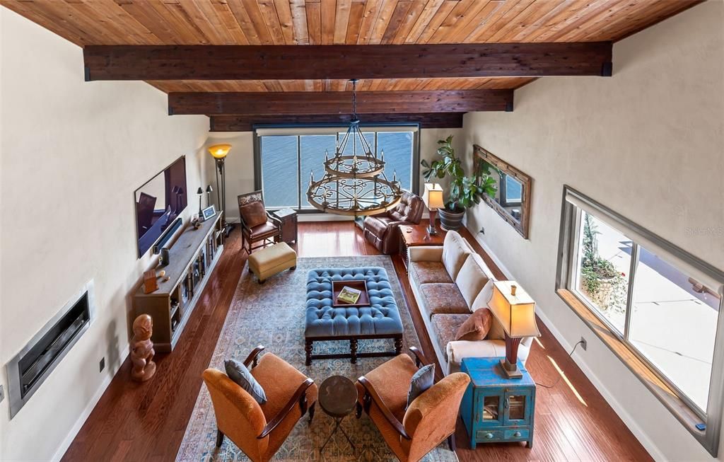 Interior, Living room, Pendant Lights, Water, Wooden Beams, Wooden Ceilings, Wood Texture Flooring
