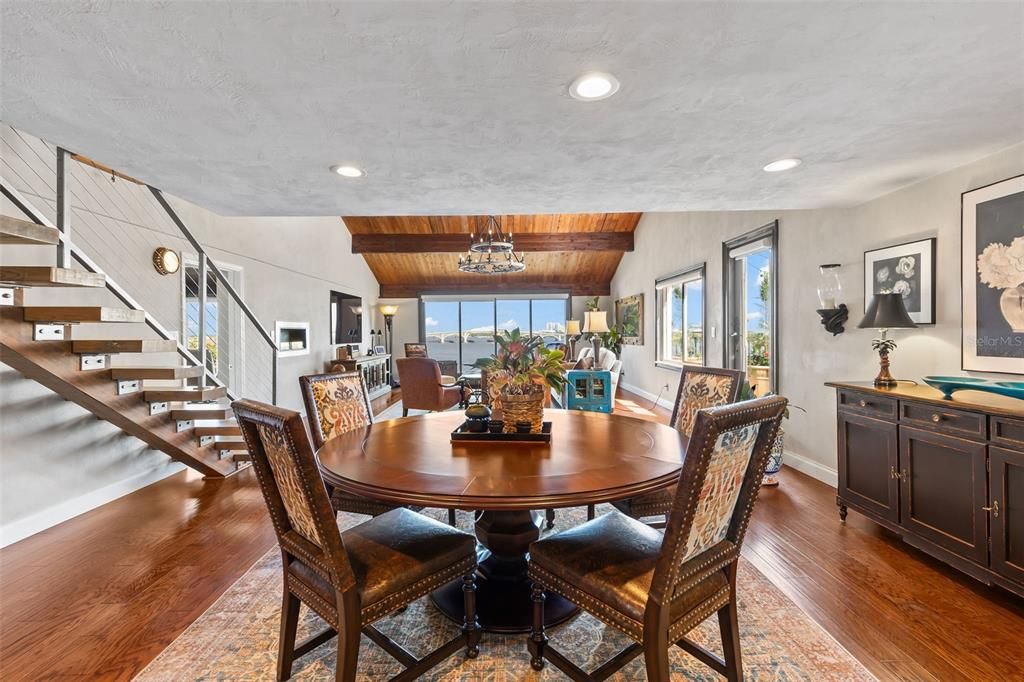 Chandelier, Dining room, Interior, Recessed Lighting, Wooden Ceilings, Wood Texture Flooring