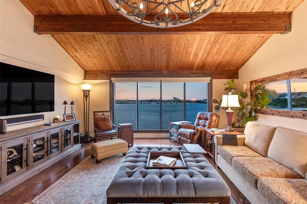 Chandelier, Interior, Living room, Water, Wooden Beams, Wooden Ceilings, Wood Texture Flooring