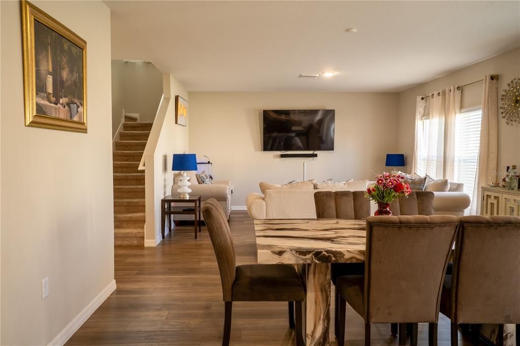 Dining room, Interior, Living room, Recessed Lighting, Wood Texture Flooring