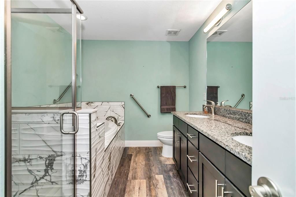 Bathroom, Dual Sink Vanities, Glass Shower, Interior, Wood Texture Flooring