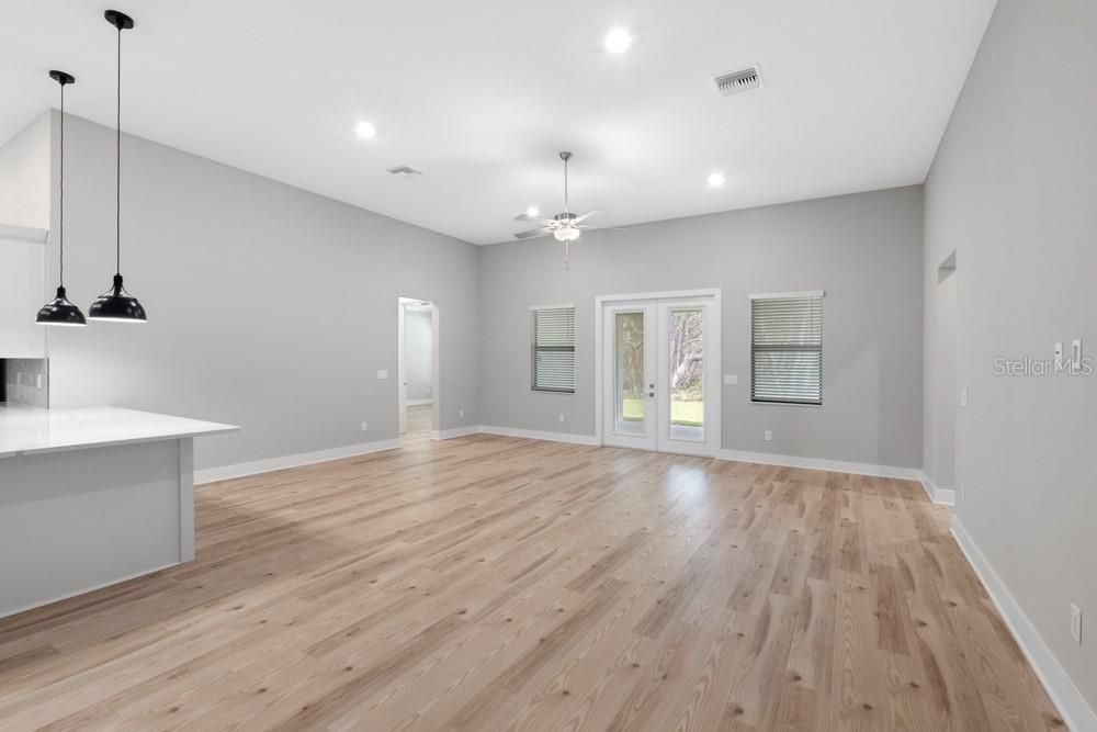 Empty room, Interior, Pendant Lights, Recessed Lighting, Wood Texture Flooring