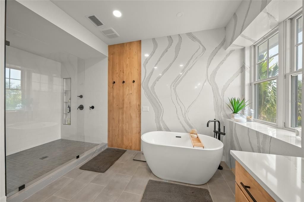 Bathroom, Free Standing Baths, Glass Shower, Interior, Marble Walls, Recessed Lighting