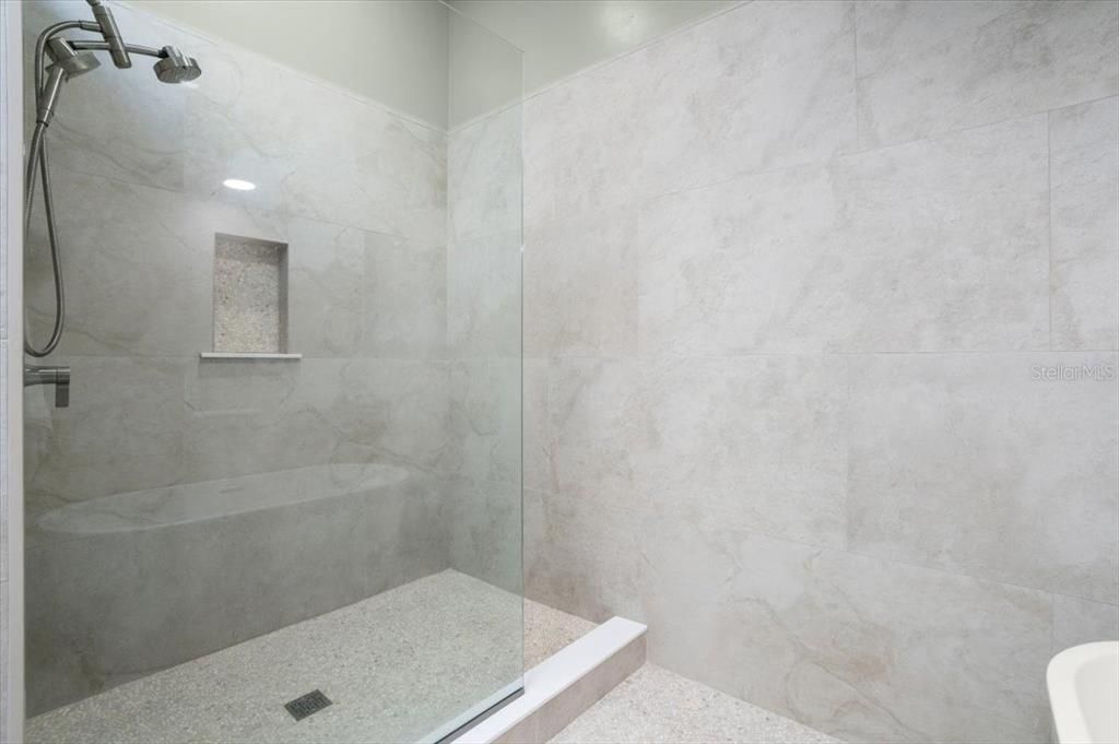 Bathroom, Glass Shower, Interior, Marble Walls, Recessed Lighting
