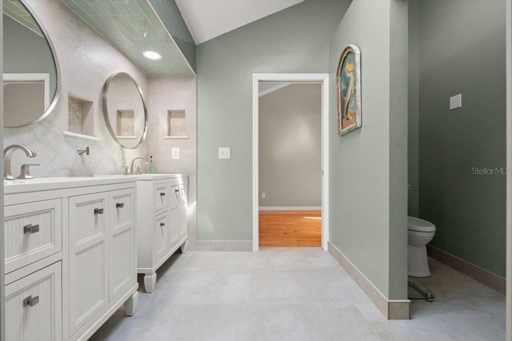 Bathroom, Dual Sink Vanities, Interior, Recessed Lighting, Wood Texture Flooring