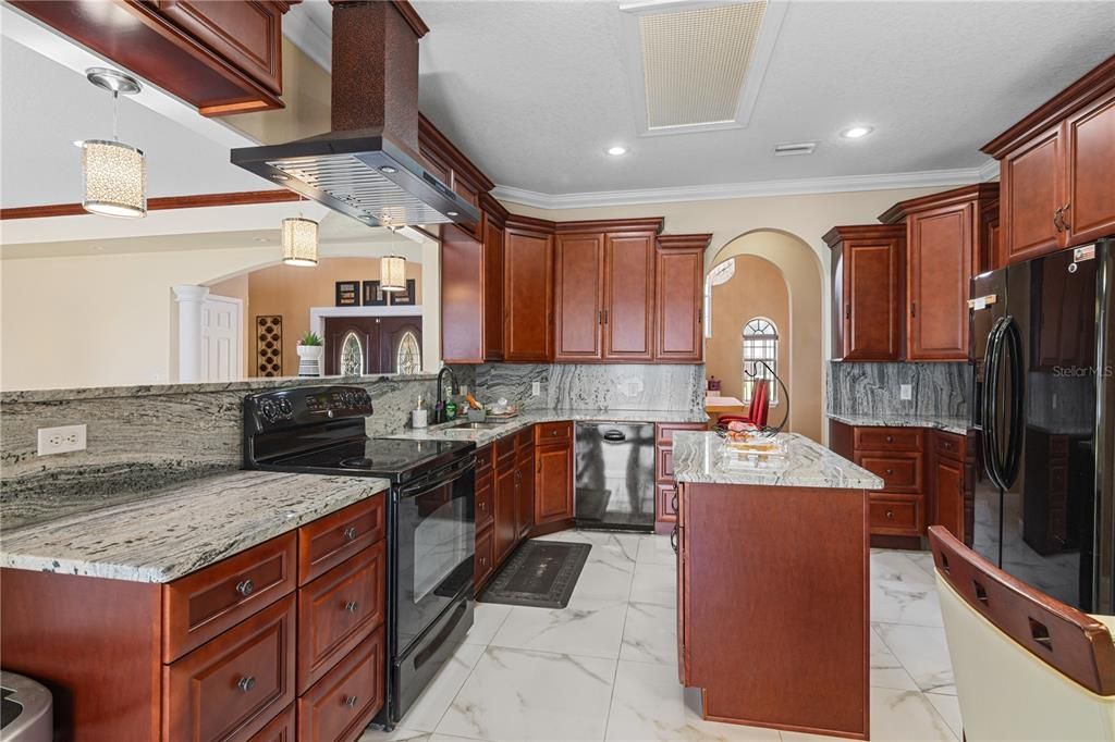 Interior, Kitchen, Marble, Pendant Lights, Recessed Lighting