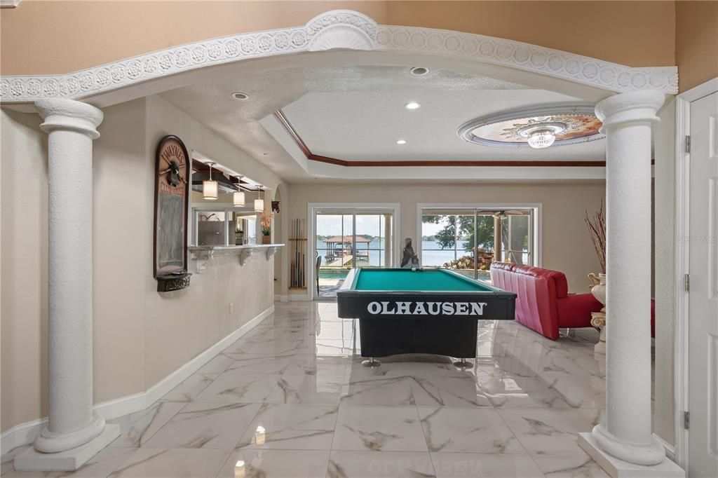 Billiard Table, Chandelier, Game Room, Interior, Marble, Recessed Lighting