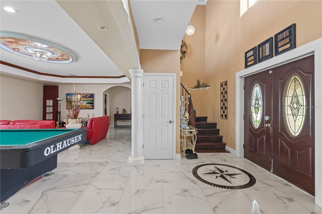 Billiard Table, Chandelier, Game Room, Interior, Marble, Recessed Lighting