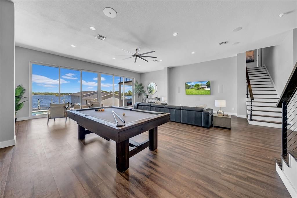 Billiard Table, Game Room, Interior, Pendant Lights, Recessed Lighting, Water, Wood Texture Flooring