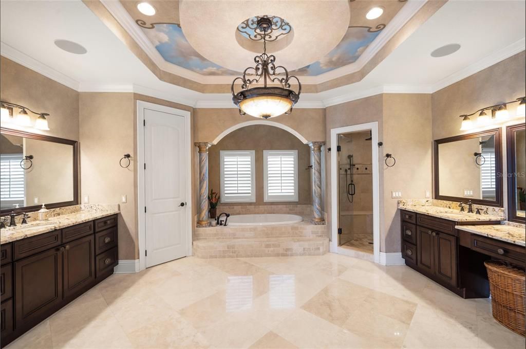 Bathroom, Dual Sink Vanities, Glass Shower, Interior, Pendant Lights, Recessed Lighting