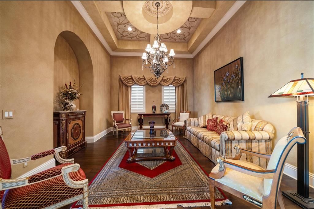Chandelier, Interior, Living room, Recessed Lighting, Wood Texture Flooring