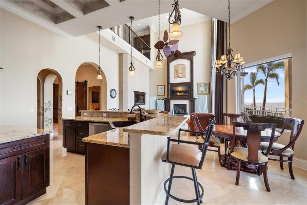 Chandelier, Dining room, Fireplace, Interior, Kitchen, Pendant Lights, Water