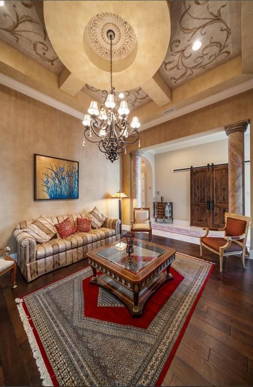 Chandelier, Interior, Living room, Recessed Lighting, Wood Texture Flooring