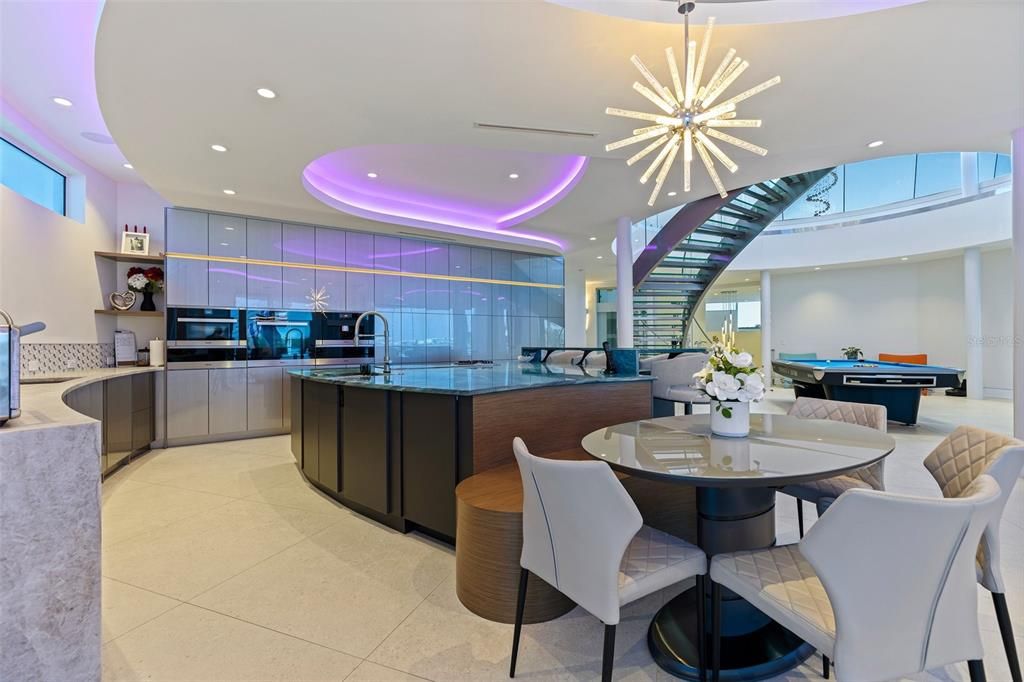 Billiard Table, Dining room, Interior, Kitchen, Pendant Lights, Recessed Lighting, Stainless Steel Appliances