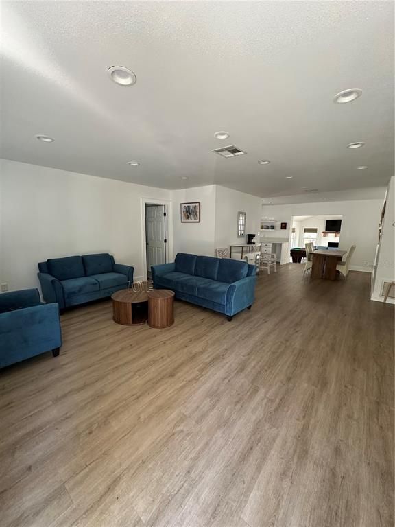 Dining room, Interior, Living room, Recessed Lighting, Wood Texture Flooring