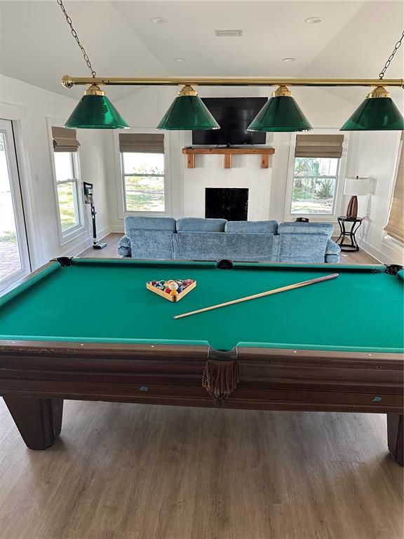 Billiard Table, Fireplace, Game Room, Interior, Pendant Lights, Wood Texture Flooring