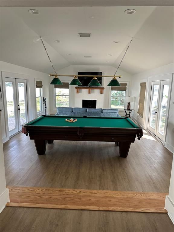 Billiard Table, Fireplace, Game Room, Interior, Pendant Lights, Recessed Lighting, Wood Texture Flooring