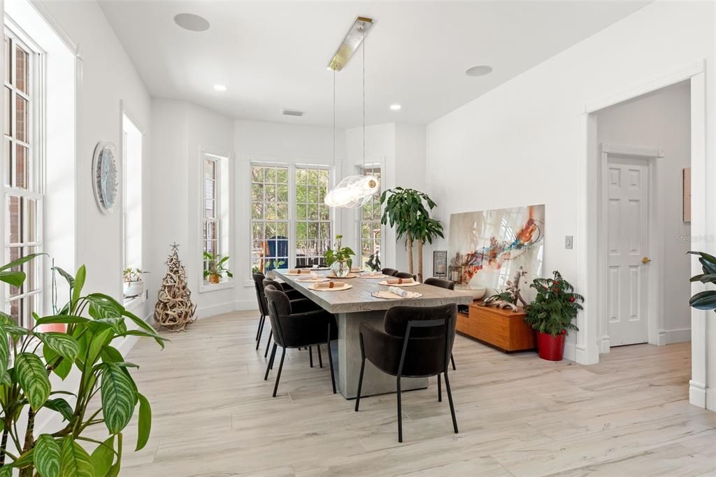 Dining room, Interior, Pendant Lights, Recessed Lighting, Wood Texture Flooring