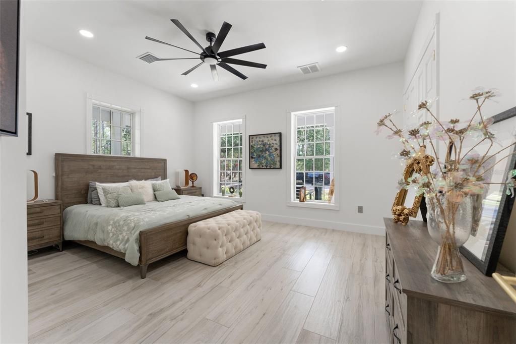 Bedroom, Interior, Recessed Lighting, Wood Texture Flooring