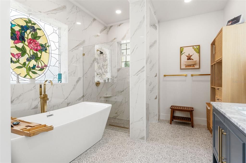 Bathroom, Free Standing Baths, Interior, Marble Walls, Recessed Lighting