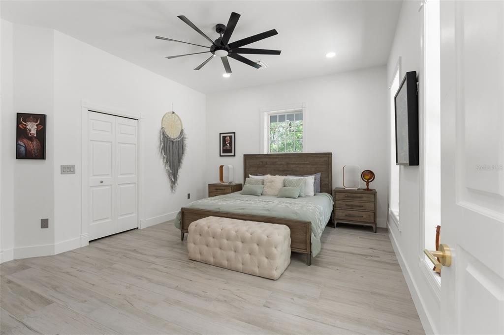 Bedroom, Interior, Recessed Lighting, Wood Texture Flooring