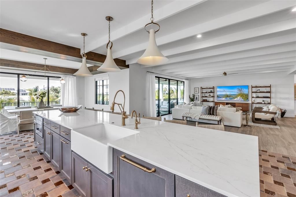 Interior, Kitchen, Living room, Pendant Lights, Recessed Lighting, Water, Wooden Beams
