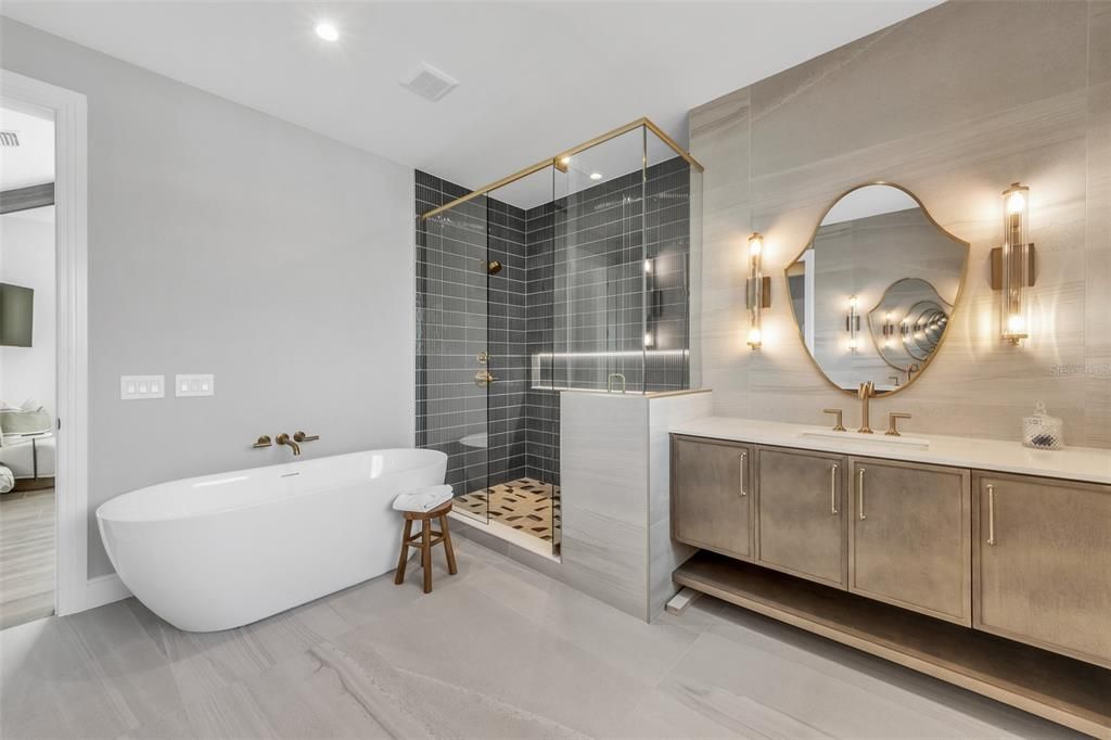 Bathroom, Dual Sink Vanities, Free Standing Baths, Glass Shower, Interior, Recessed Lighting