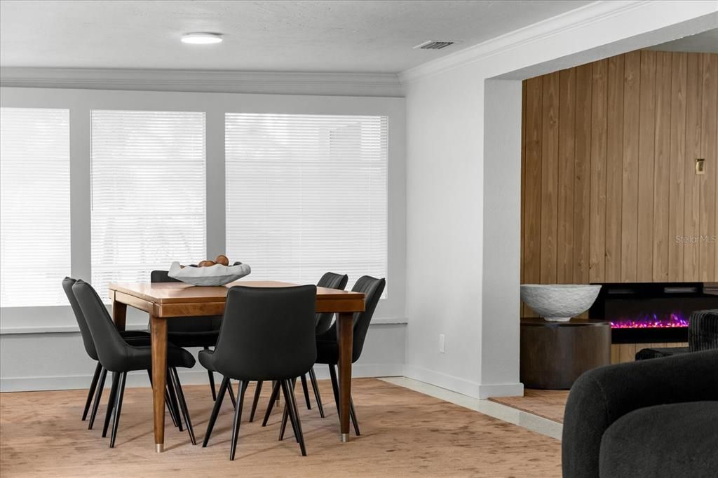 Dining room, Interior, Recessed Lighting, Wood Texture Flooring