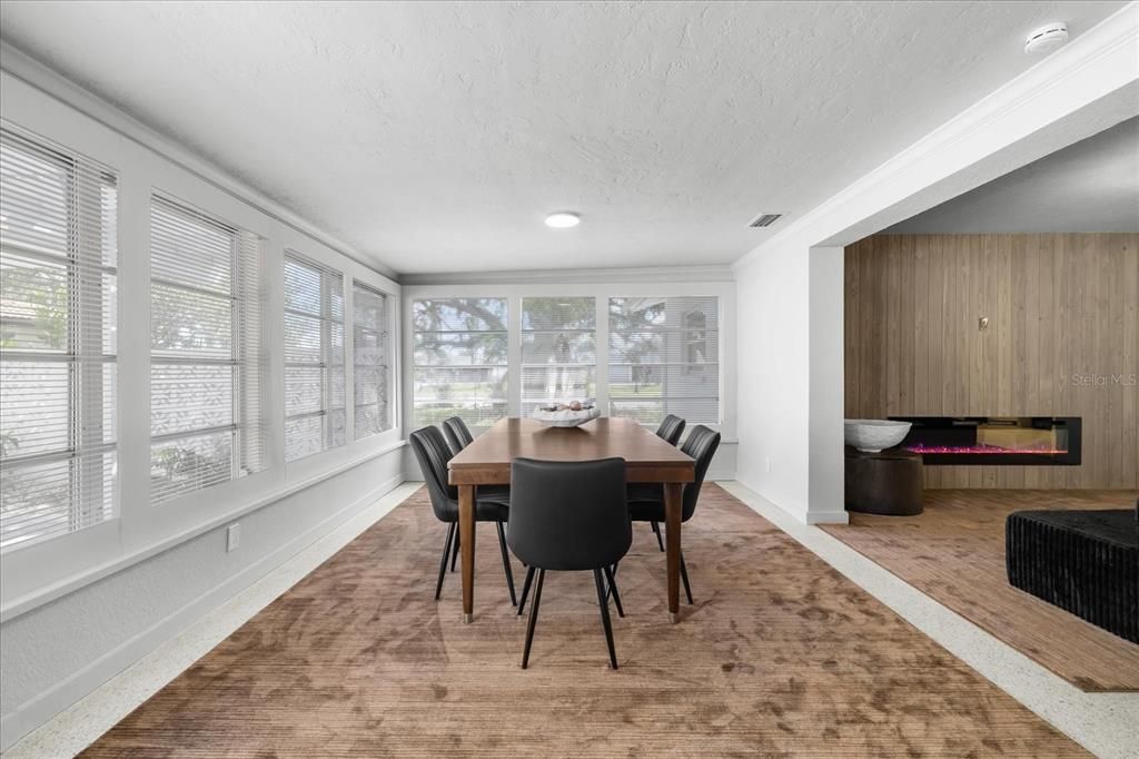 Dining room, Interior, Recessed Lighting, Wood Texture Flooring