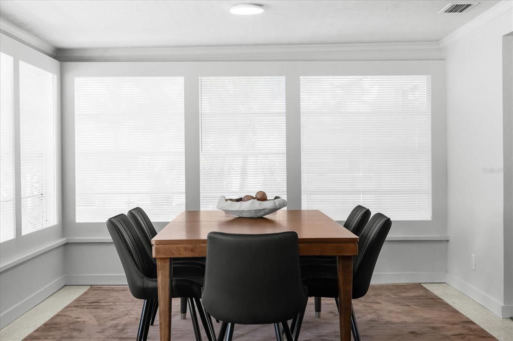 Dining room, Interior, Recessed Lighting, Wood Texture Flooring