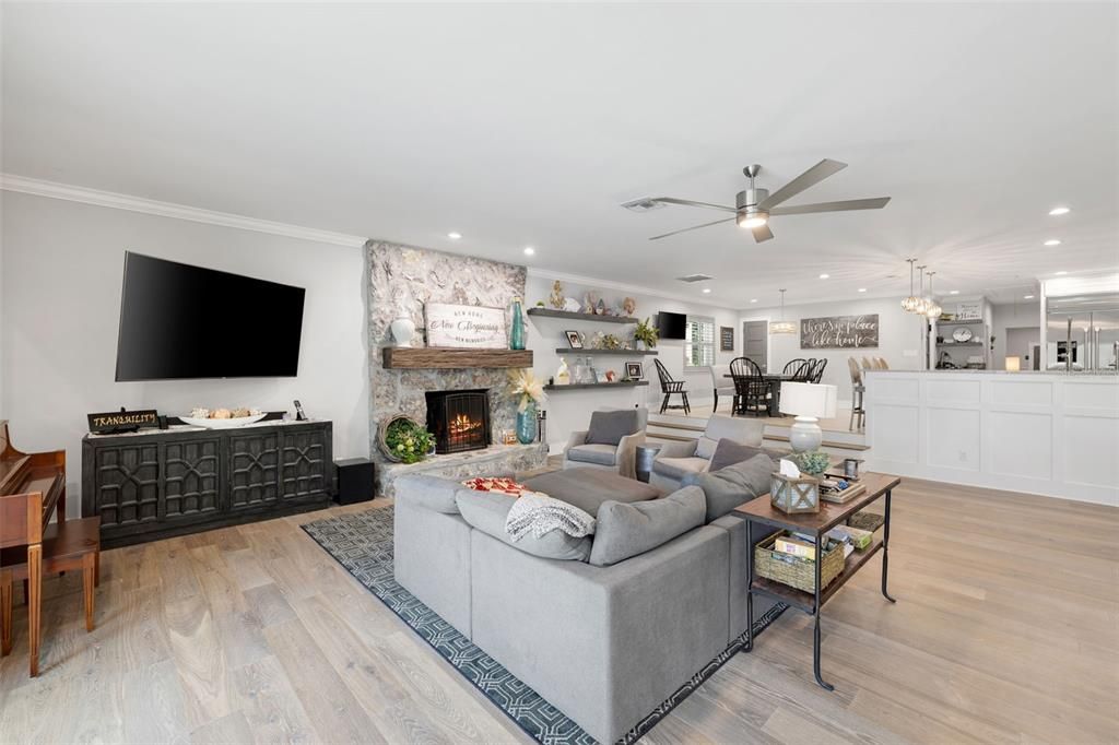 Dining room, Fireplace, Interior, Kitchen, Living room, Pendant Lights, Recessed Lighting, Wood Texture Flooring