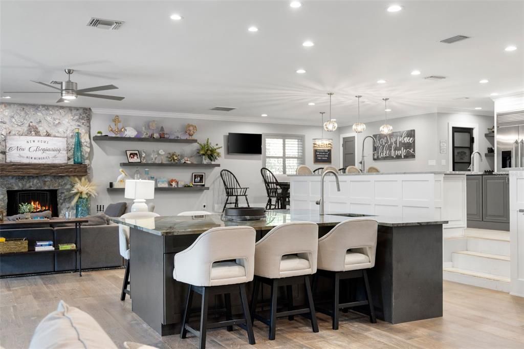 Fireplace, Interior, Kitchen, Living room, Pendant Lights, Recessed Lighting, Wood Texture Flooring