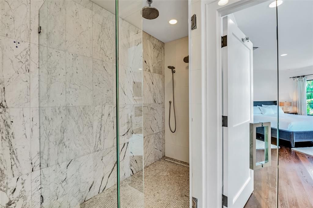 Bathroom, Bedroom, Glass Shower, Interior, Marble Walls, Recessed Lighting