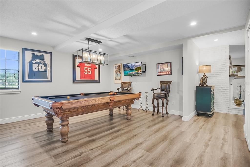 Billiard Table, Game Room, Interior, Pendant Lights, Recessed Lighting, Wood Texture Flooring