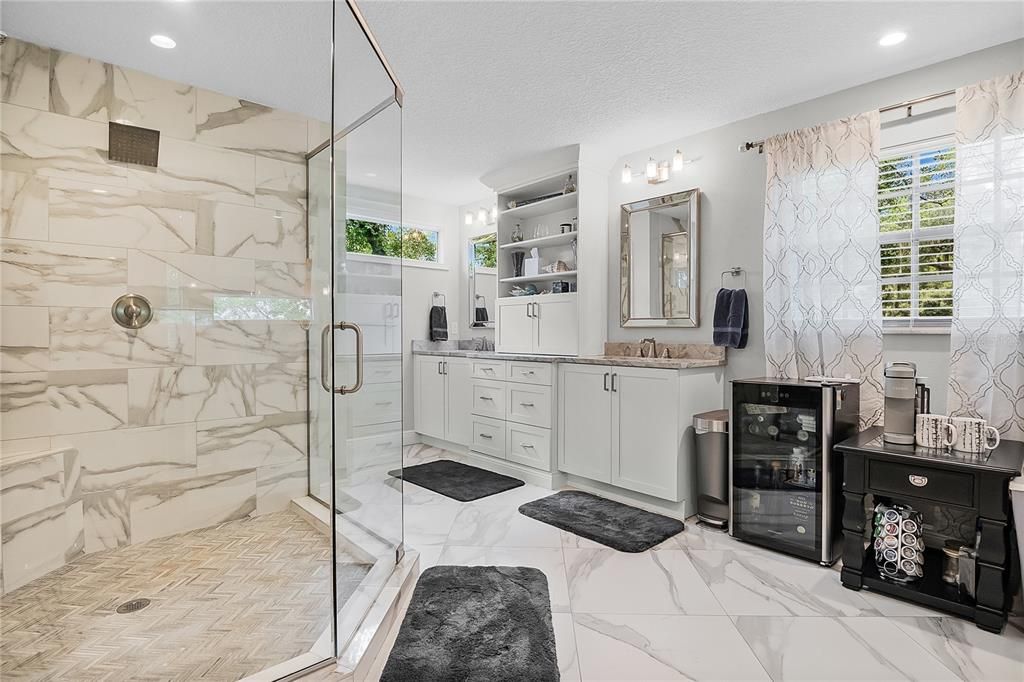 Bathroom, Glass Shower, Interior, Marble, Marble Walls, Recessed Lighting