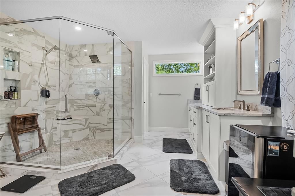 Bathroom, Glass Shower, Interior, Marble, Marble Walls, Recessed Lighting
