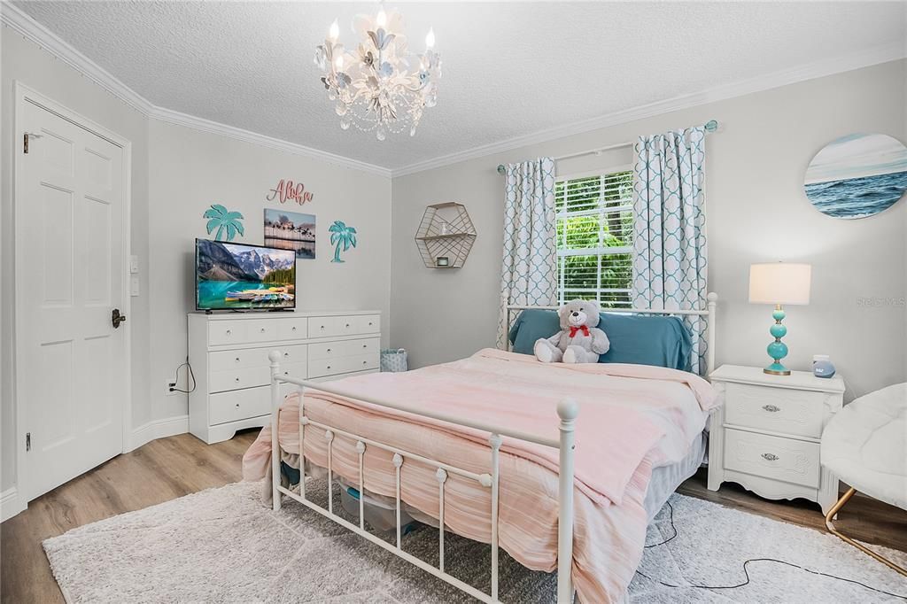 Bedroom, Chandelier, Interior, Wood Texture Flooring